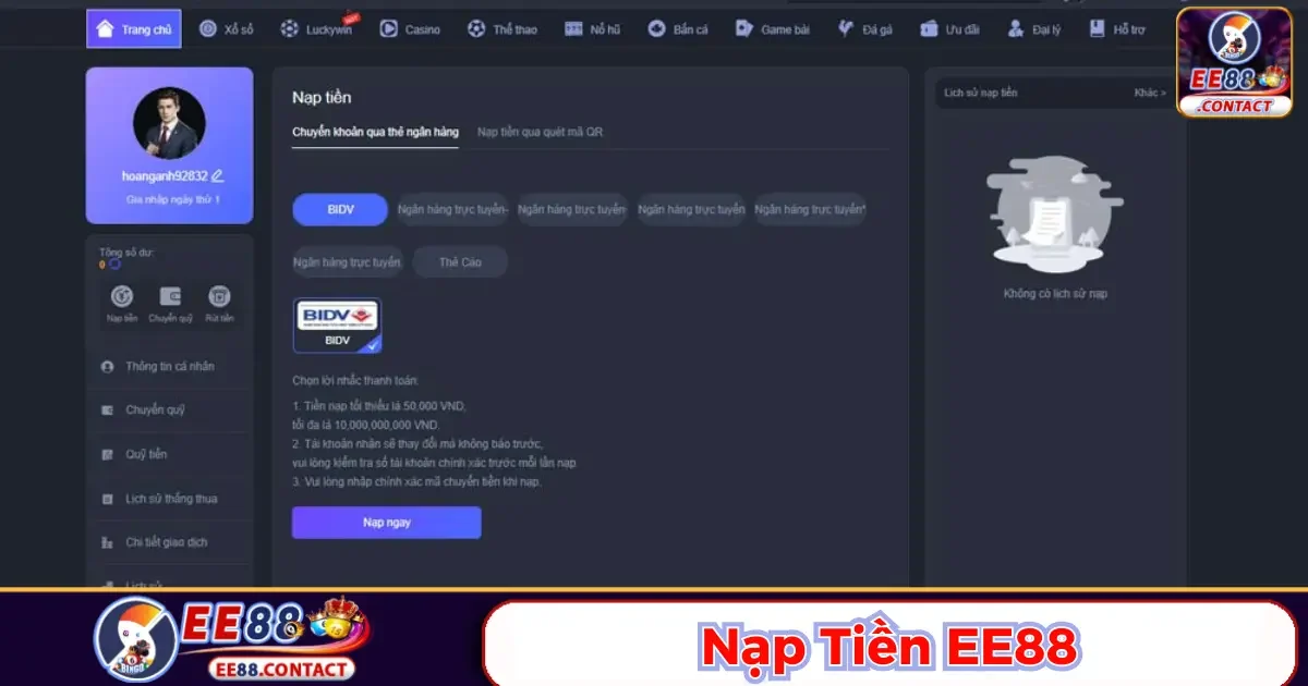 Hướng dẫn nạp tiền vào Ee88 qua các phương thức thanh toán phổ biến
